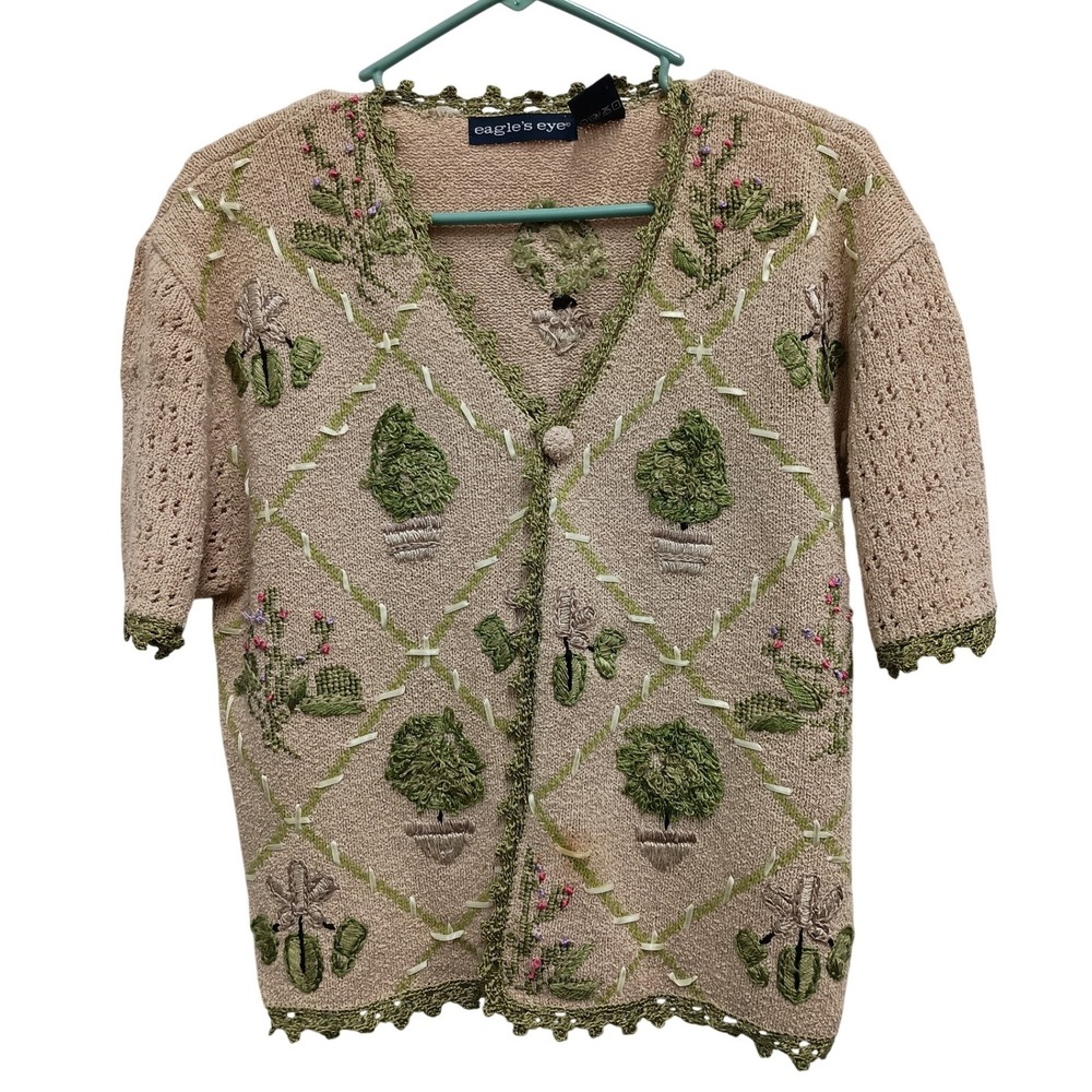 VTG Eagles Eye‎ Cardigan Sweater Women Medium Tan Floral Embroidered Cottage